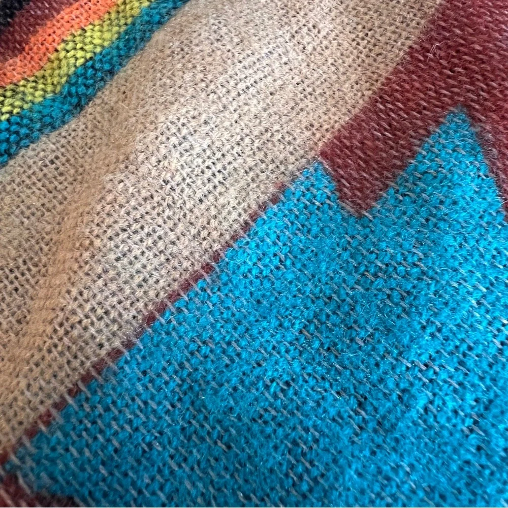Southwestern Print Soft Poncho Fringe Teal Yellow Festival Unisex One Size - Picture 10 of 10